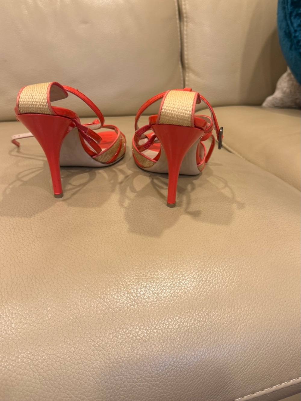 Salvatore Ferragamo Red Patent & Natural Woven Strappy Heels - Picture 6 of 8
